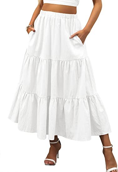 Women’s Summer Boho Elastic Waist Pleated A-Line Flowy Swing Tiered Long Beach Skirt Dress with Pockets7